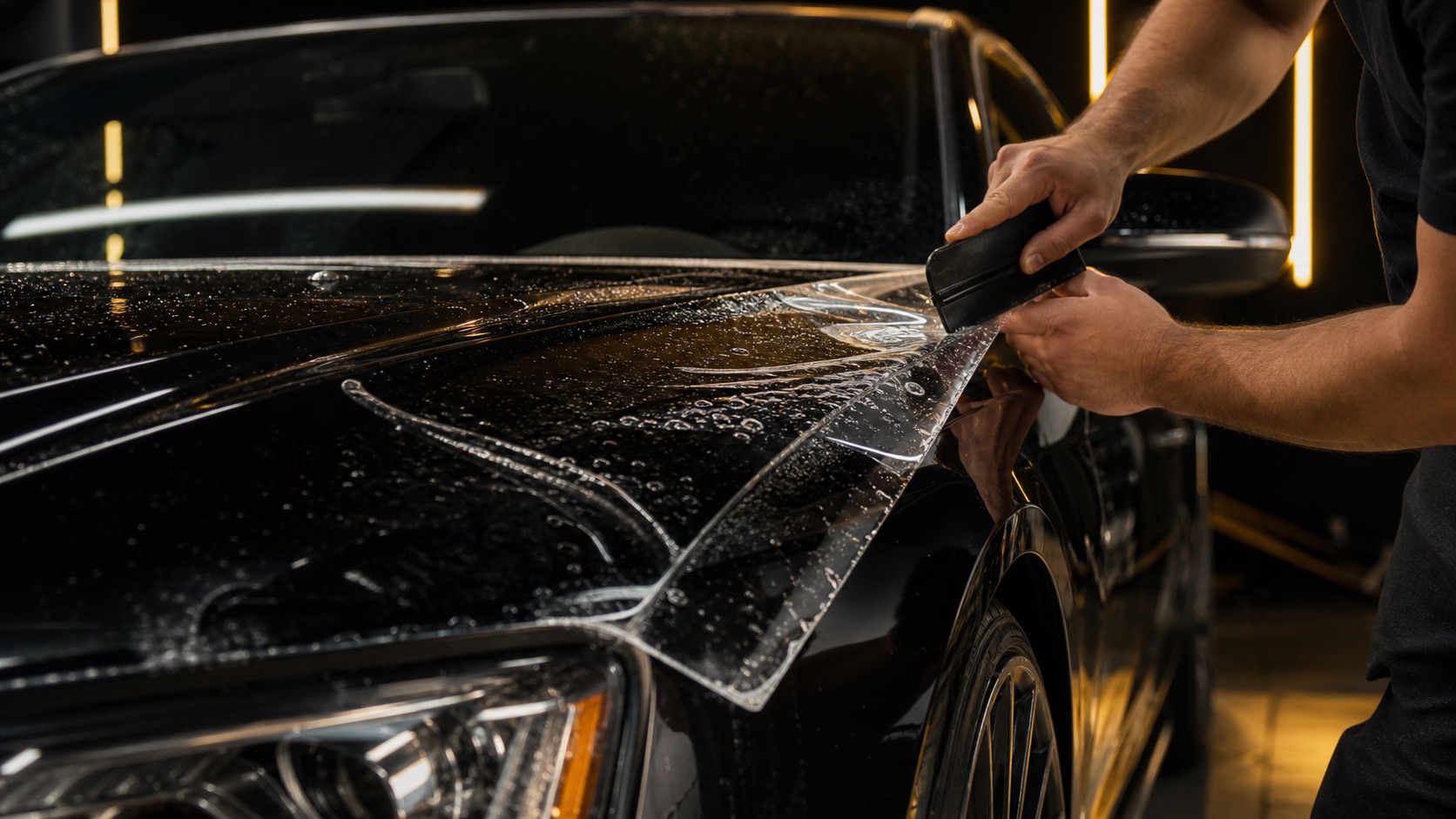 Clear paint protection film being installed on a black vehicle